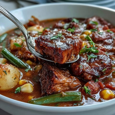 Savory Kentucky Derby Burgoo Stew slow-simmered with rich beef, pork, and chicken in a rustic bowl.