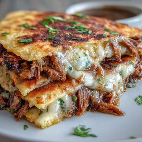 Golden brown Cinco de Mayo Birria Quesadillas sizzling hot with rich consommé.