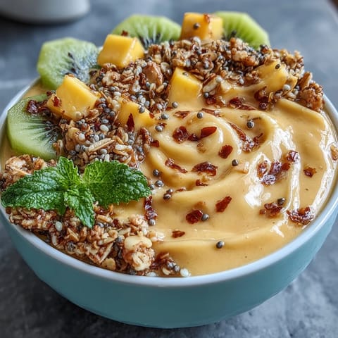 Beautifully presented mango chili lime smoothie bowl, bursting with tropical flavors.