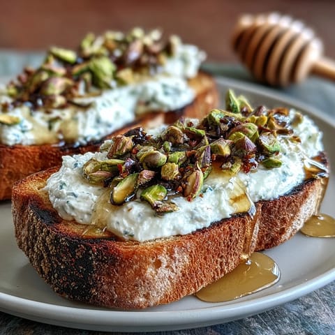 Delicious whipped ricotta toast, drizzled with honey and topped with crunchy pistachios.