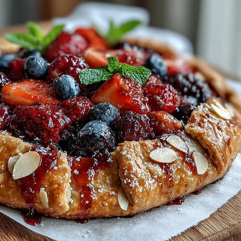 Rustic Summer Berry Galette with golden almond crust, bursting with fresh fruit.
