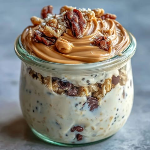 Decadent protein cookie dough overnight oats layered with chocolate chips, ready to eat.