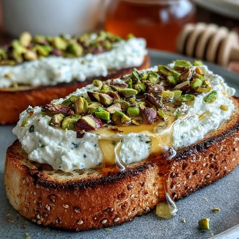 Whipped ricotta toast with honey and pistachios, a creamy, sweet, and nutty delight.