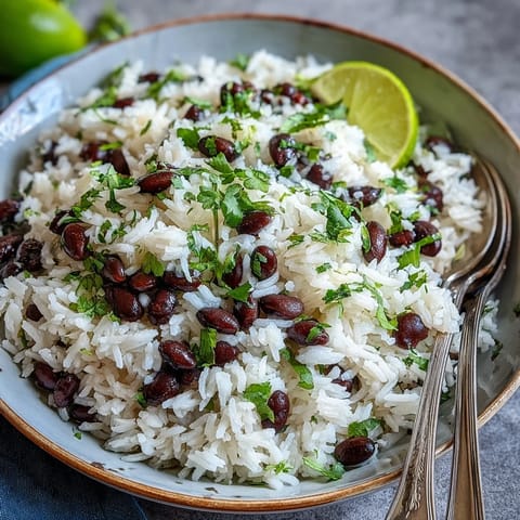 Coconut Lime Rice with Cilantro and Black Beans, bright and fluffy, ready to serve.