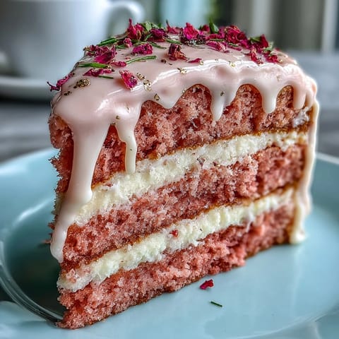 Elegant pink cake with shimmering rosé wine glaze and gold drip detail.