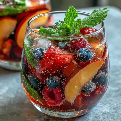 Refreshing summer sangria mocktail with juicy peaches and vibrant berries.