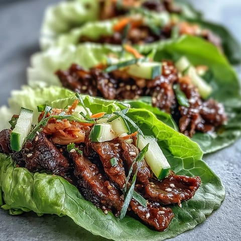Vibrant Korean BBQ beef lettuce wraps bursting with spicy kimchi and fresh veggies.