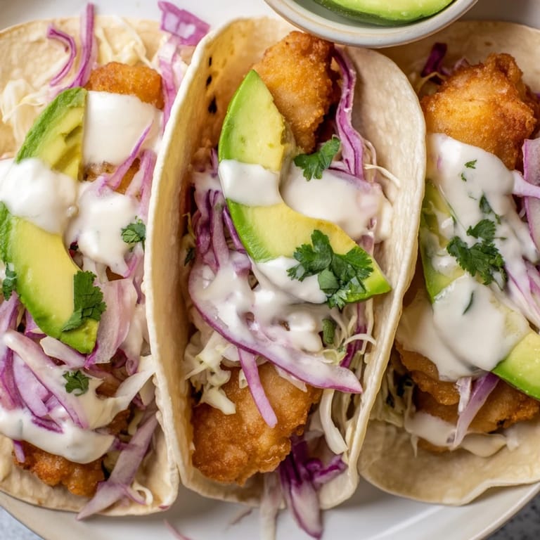 Close-up of crispy Baja fish tacos filled with white fish, cabbage, and a vibrant lime sauce.