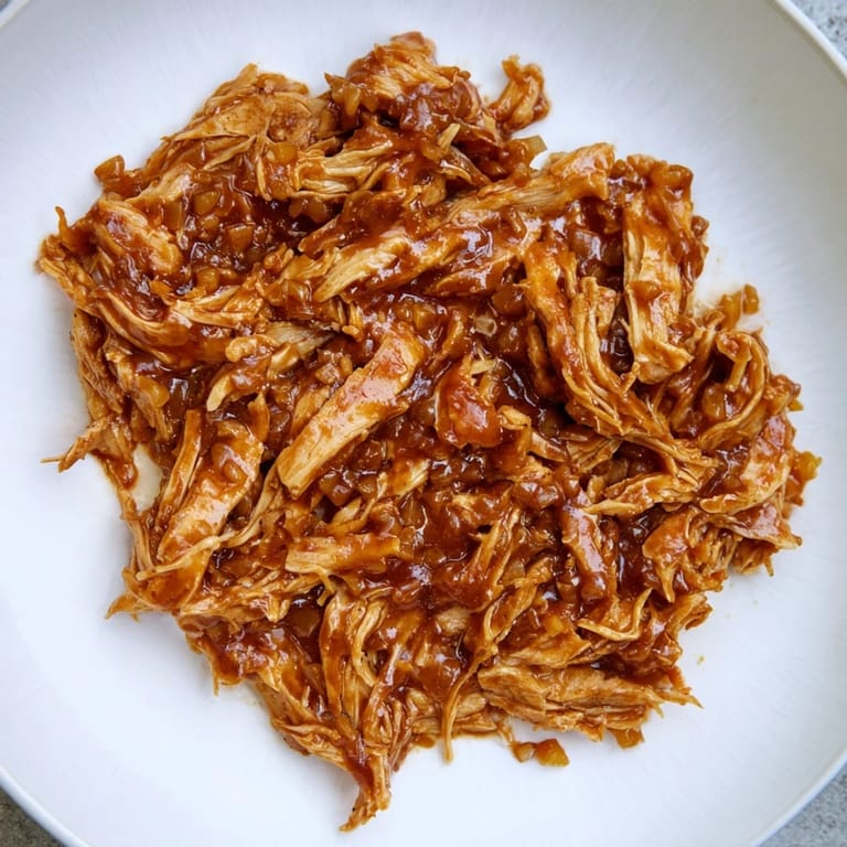 Aromatic, tender BBQ pulled chicken, glistening with flavorful sauce, perfect for family dinners.