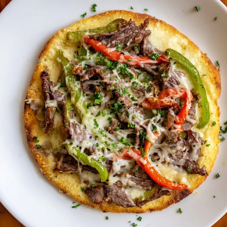 Freshly baked Philly Cheesesteak Pizza, showcasing a perfect blend of gooey cheese and savory toppings.