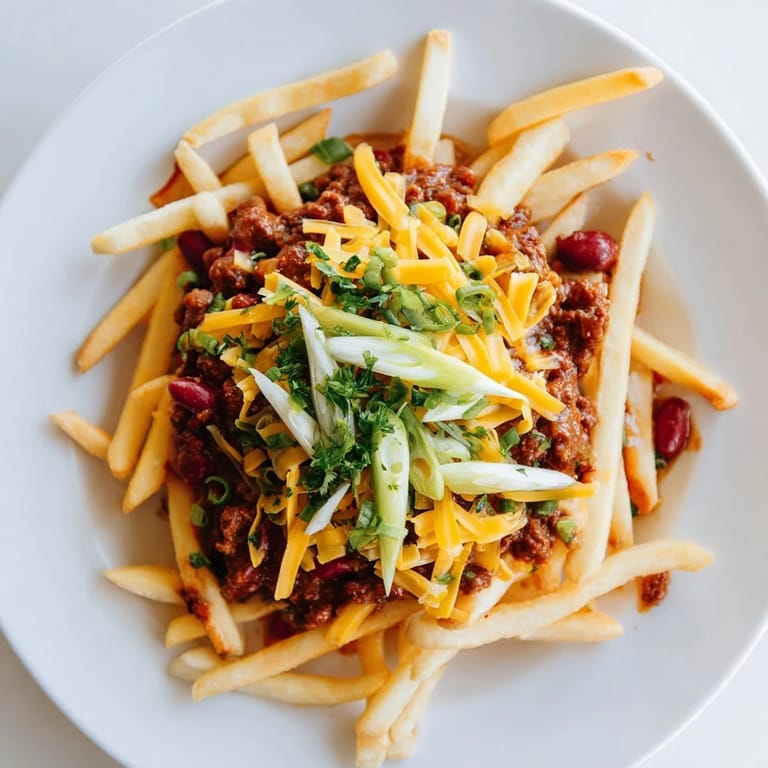 A platter of savory chili cheese fries, piled high with melted cheddar and hot beef chili.