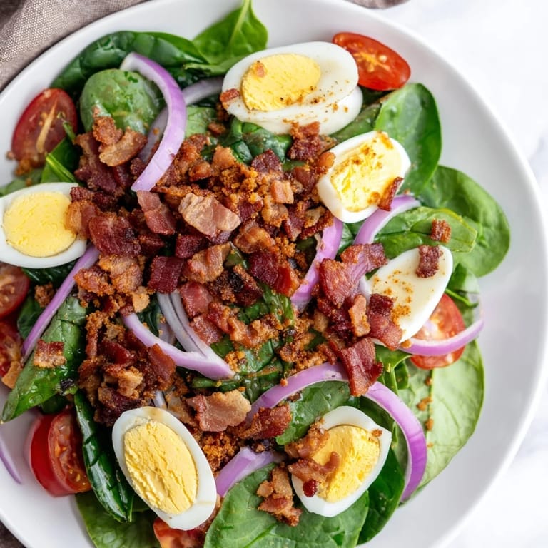 This Spinach Salad with Bacon bursts with flavor, showcasing a tangy vinaigrette dressing drizzled over the greens.