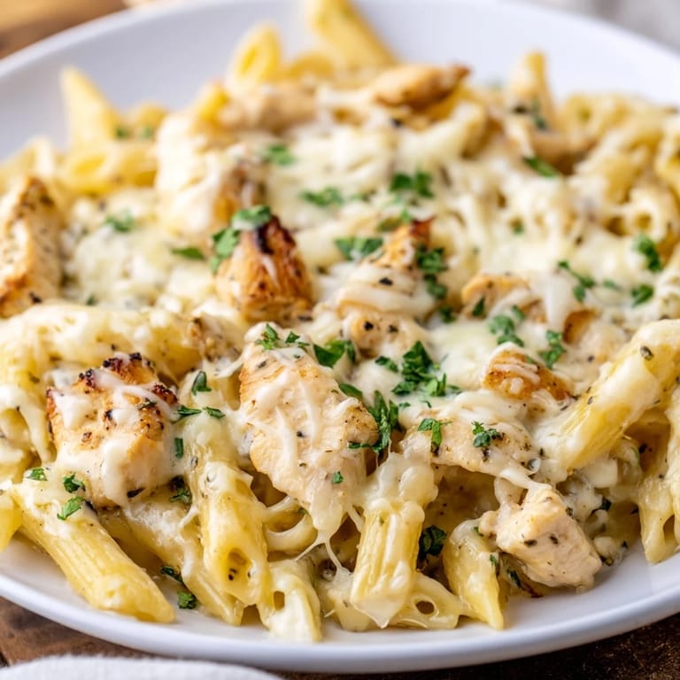 The Italian-American classic, Chicken Alfredo Bake, featuring creamy sauce, chicken, and pasta.