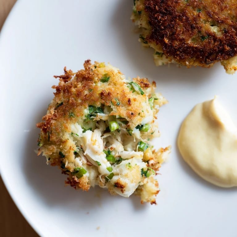 Beautifully plated crab cakes, a perfect American seafood main, ready to be enjoyed with a zesty sauce.