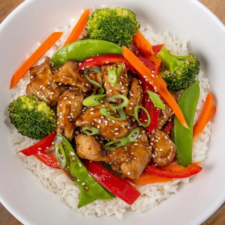 A visually appealing teriyaki chicken bowl showcasing tender chicken and vibrant sautéed vegetables over rice.
