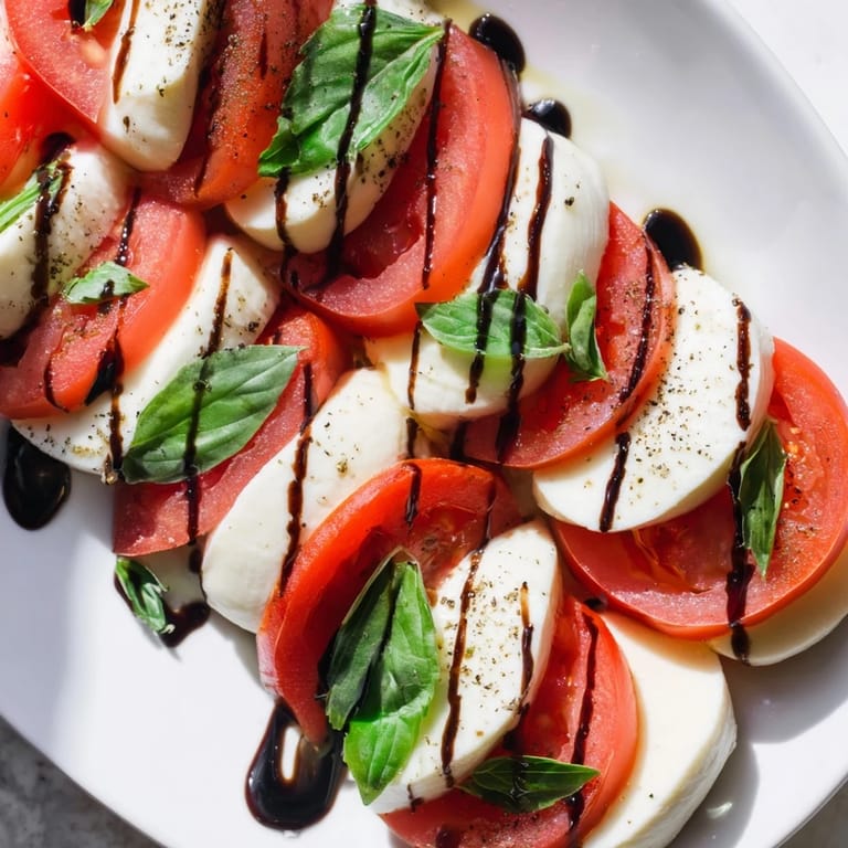 Bright red tomatoes and creamy mozzarella are layered in a simple Caprese salad.