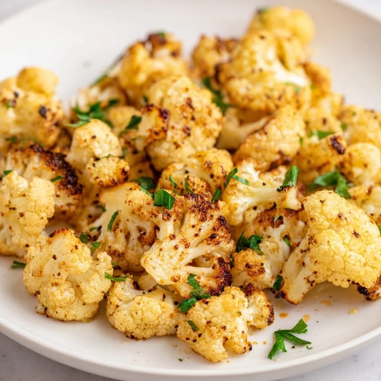 A close-up of beautifully caramelized roasted cauliflower florets, seasoned with smoky paprika.
