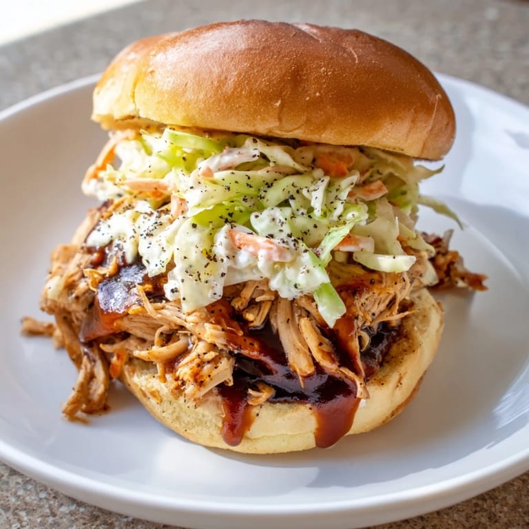 A close-up shot of a delicious BBQ Chicken Sandwich with fresh slaw, ready to be enjoyed.