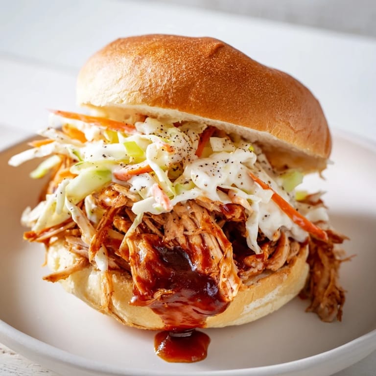 Golden toasted bun holding a generous serving of BBQ Chicken Sandwich, a perfect lunch.