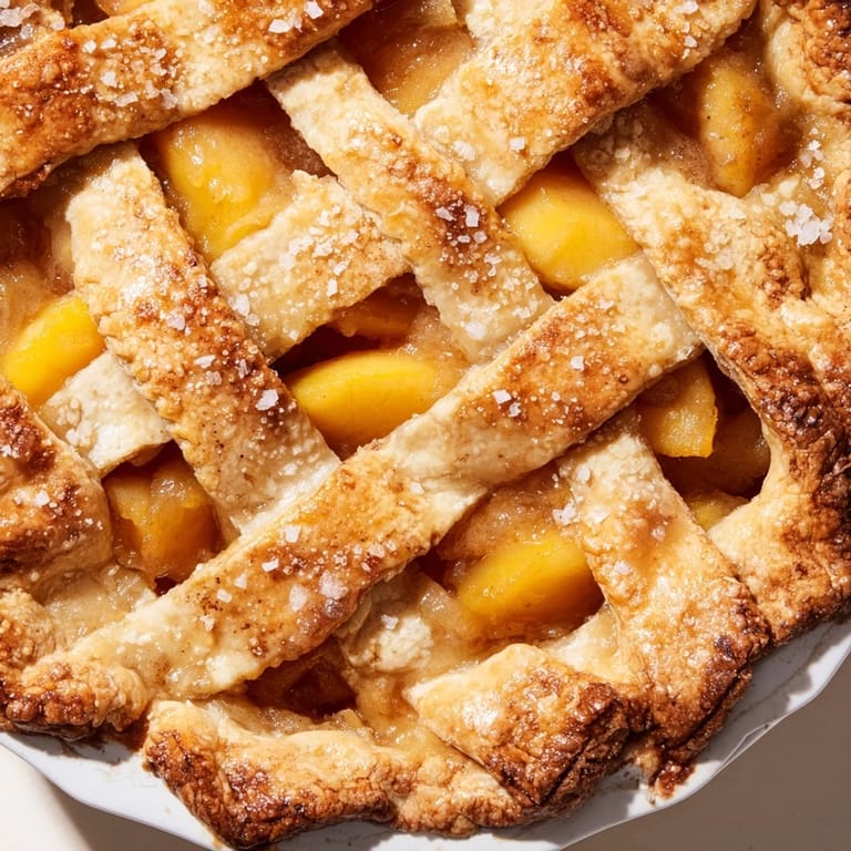 A slice of homemade Peach Pie shows off a tender, flaky crust and vibrant peach filling.