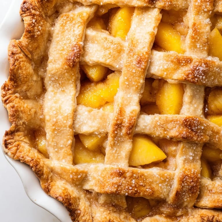 Warm, inviting shot of a freshly baked Peach Pie, ideal for enjoying with vanilla ice cream.