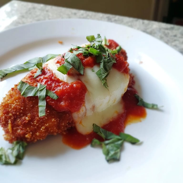 A handheld Crispy Chicken Parm Wrap with golden breadcrumbs and melted cheese, drizzled with marinara on a marble board.