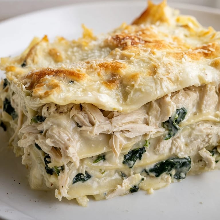 A close-up of Chicken Alfredo Lasagna slices revealing creamy ricotta, spinach, and hearty chicken nestled between golden pasta layers.  