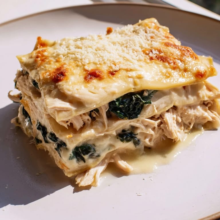Freshly baked Chicken Alfredo Lasagna in a dish, steam rising from the golden mozzarella topping with a rustic wood table background.