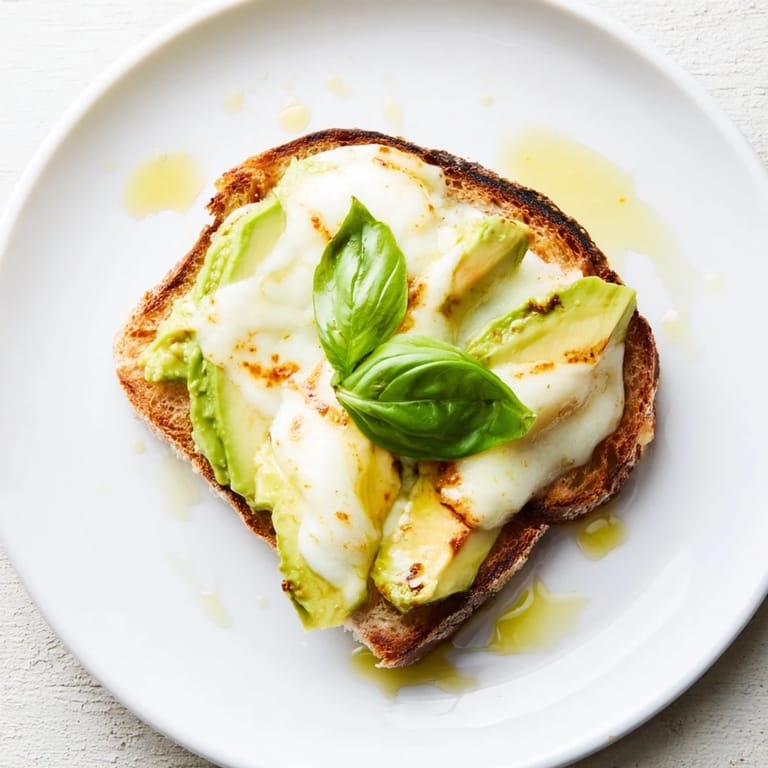 Warm avocado mozzarella tartine served fresh with olive oil drizzle and fresh basil garnish.  