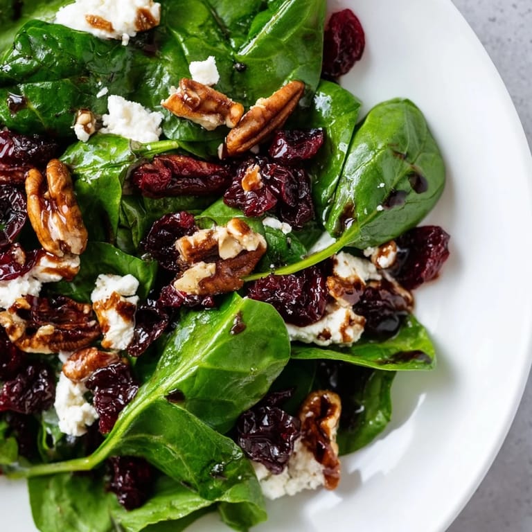 The spinach goat cheese salad features emerald spinach leaves, ruby cranberries, and crunchy candied pecans in a glossy balsamic dressing on a white plate.