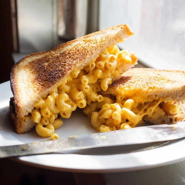 Golden grilled cheese is packed with tender elbow macaroni and melted sharp cheddar, served hot and crispy for a comforting bite.