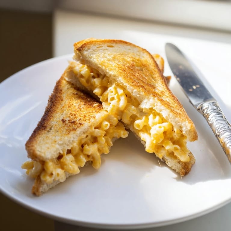 Buttery toasted bread cradles a generous filling of creamy mac and cheese, a perfect main dish for a satisfying vegetarian lunch.