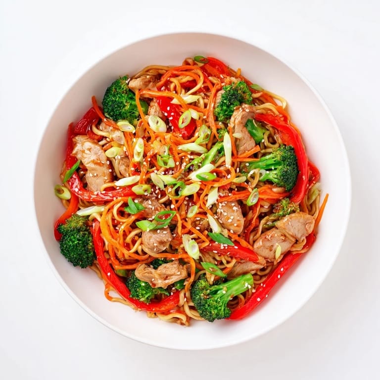 Overhead view of Spicy Ramen Stir-Fry served in a ceramic bowl, garnished with green onions and sesame seeds, next to chopsticks.