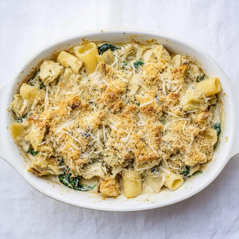 Served Artichoke Pasta Bake on a plate with salad, ready for a family dinner.