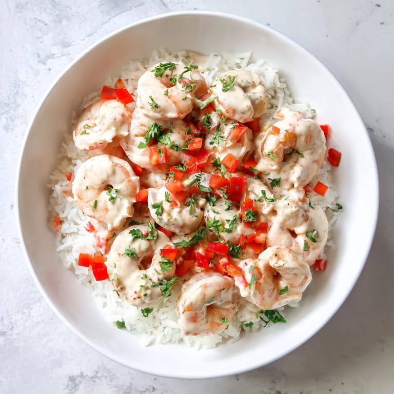 Sizzling Creamy Cajun shrimp rice bowl garnished with fresh parsley and lemon, a comforting Southern-inspired meal.