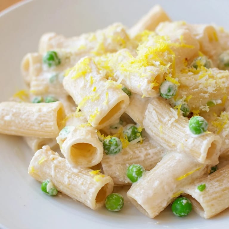 A close-up of silky Pea & Lemon Ricotta Pasta highlights lemon zest, peas, and golden olive oil on the noodles.