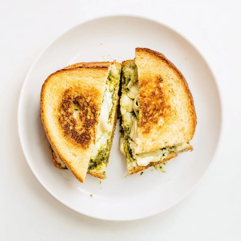 A rustic sourdough pesto grilled cheese served alongside a red bowl of tomato soup, perfect for a cozy American lunch.