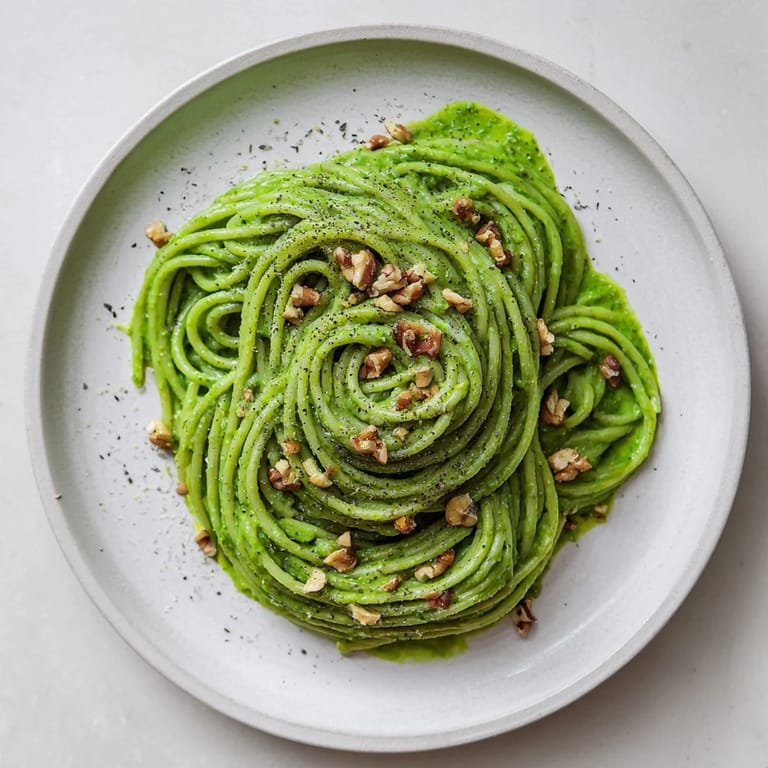A close-up of Creamy Spinach Walnut Pasta showing the velvety, plant-based sauce coating spaghetti, ready to serve for a cozy weeknight dinner.