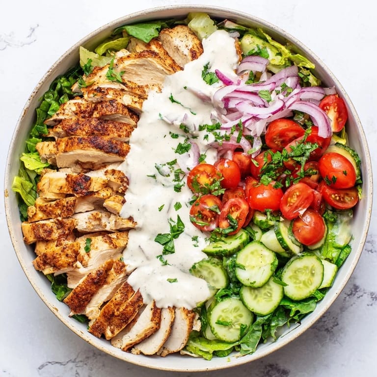 A generous portion of Chicken Shawarma Salad Bowl features marinated chicken, crisp vegetables, and a tangy yogurt garlic sauce ready for a healthy lunch.