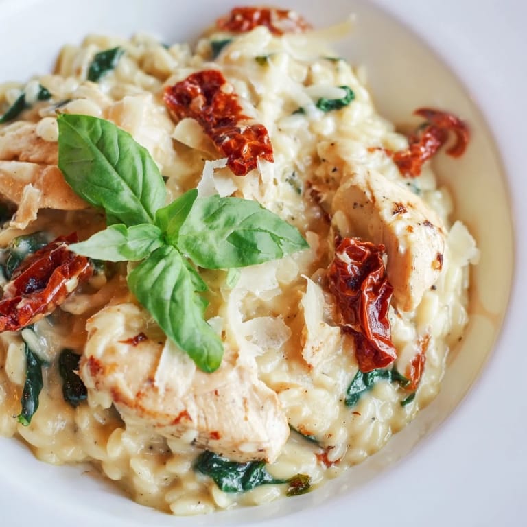 Golden, tender chicken pieces in Tuscan Chicken Orzo with sun-dried tomatoes, garlic, and fresh basil garnish.