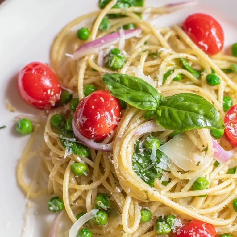 Spring Veggie One-Pot Spaghetti plated with lemon zest, fresh basil, and melted Parmesan for a bright finish.  