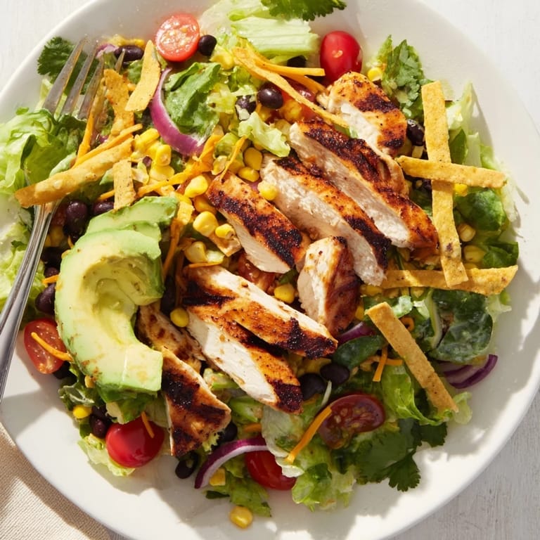 Bright, zesty Honey Lime Chicken Taco Salad featuring diced avocado, cherry tomatoes, and shredded cheese tossed with crunchy tortilla strips.