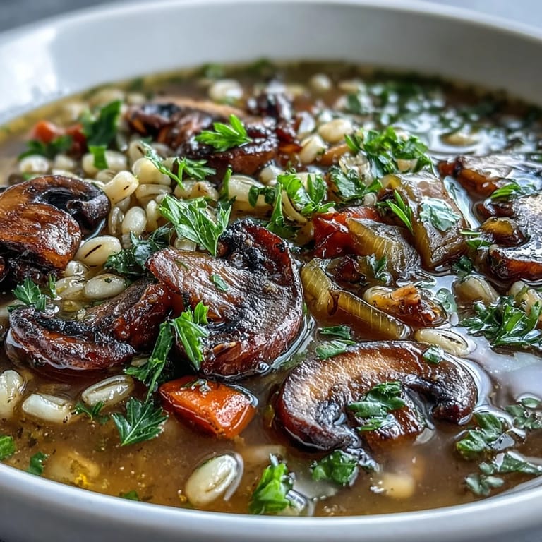 Comforting vegetarian mushroom and barley soup, perfect for a cozy lunch.
