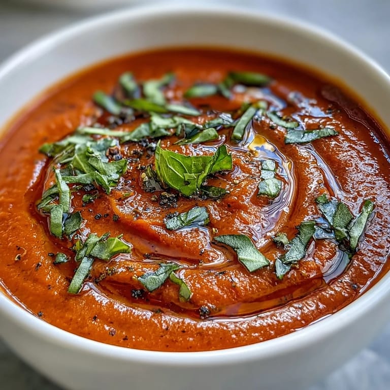 Creamy Tomato and Basil Soup simmered to perfection, with vibrant red tomatoes and aromatic basil leaves, ready to be enjoyed hot from the pot.