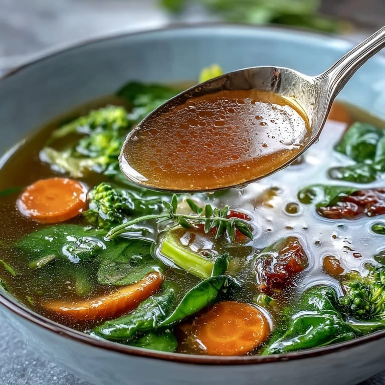 Enjoy this healthy Collagen-Boosting Broth Bowl, garnished with fresh herbs.