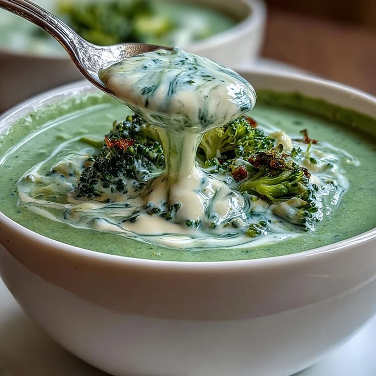 A close-up of velvety Creamy Broccoli Soup with vibrant green florets and a drizzle of olive oil.  