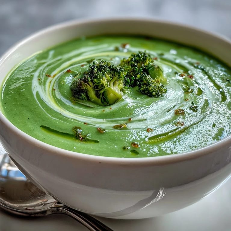 Warm Creamy Broccoli Soup served with crusty artisan bread, perfect for a cozy, vegetarian dinner.
