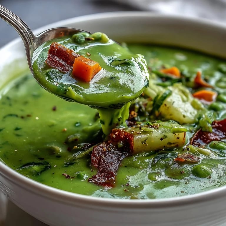 Generous serving of creamy split pea soup, bursting with savory vegetable flavors.