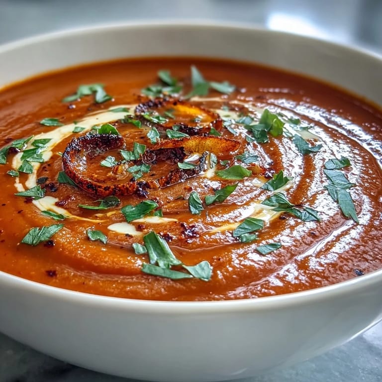 Rich, creamy Roasted Red Pepper Soup with swirls of crème fraîche and fresh herbs.