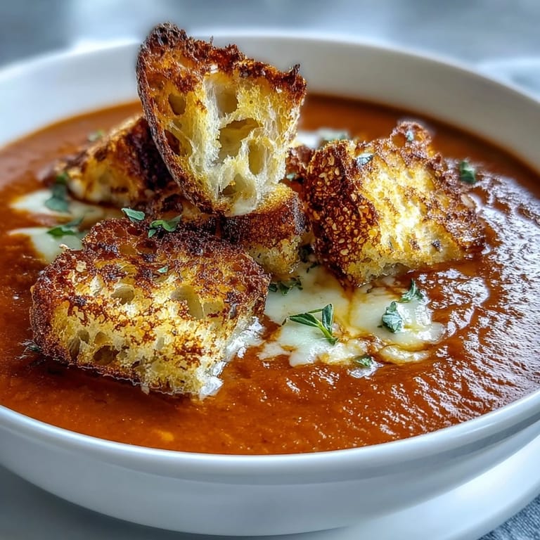 Hearty roasted tomato soup with a perfect topping of crunchy croutons.
